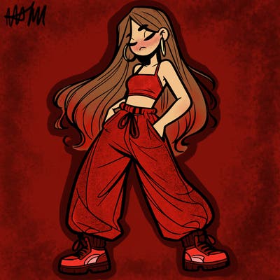 girl in baggy pants crop top and long hair