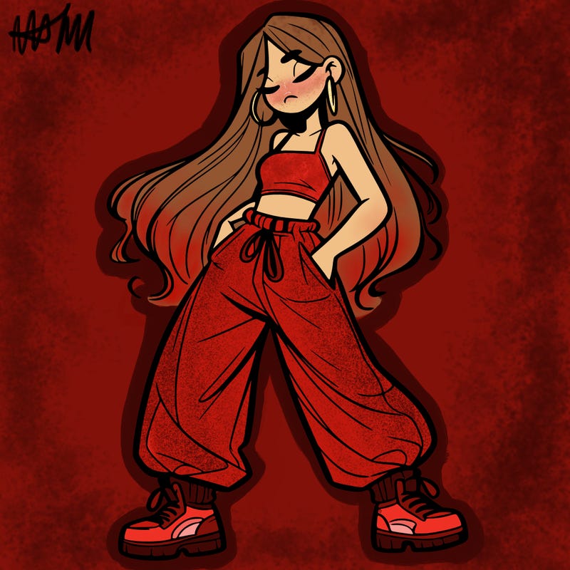 girl in baggy pants crop top and long hair