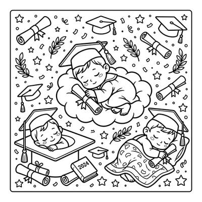 Capture the sweet dreams of future graduates with this charming coloring page featuring peaceful sleeping babies. Adorned with graduation caps and diplomas, it's a heartwarming tribute to new beginnings.