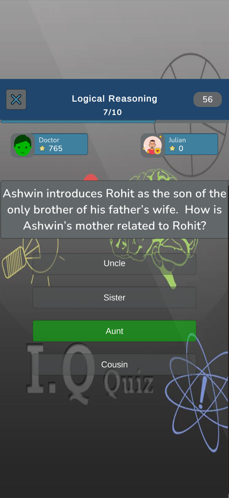 Eine Multiple-Choice-Frage zum logischen Denken über Familienbeziehungen in der Logic IQ Quiz-App, wobei die richtige Antwort grün hervorgehoben ist.