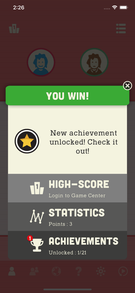 Écran de victoire du jeu Morpion affichant une notification de nouvel exploit débloqué et des options de menu pour les meilleurs scores et les statistiques