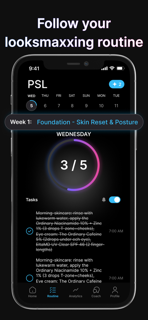 PSL AI-Jawmax,Looksmax & Mog - A mobile interface displaying a daily looksmaxxing routine with skincare tasks and a progress tracker for self-improvement