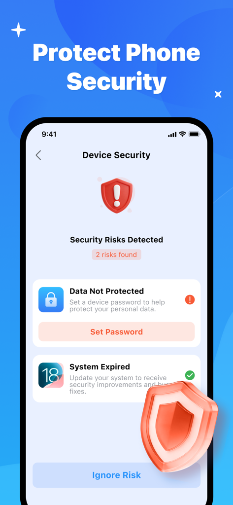 Tela do smartphone exibindo riscos de segurança, incluindo dados desprotegidos e uma versão de sistema expirada