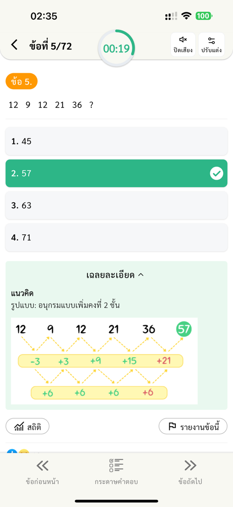 แนวข้อสอบ ก.พ. - A math logic sequence question with a detailed solution explanation on the Thai civil service exam preparation app.
