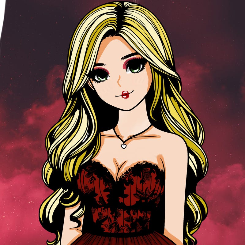 realistic girl with long hair and pretty prom dress