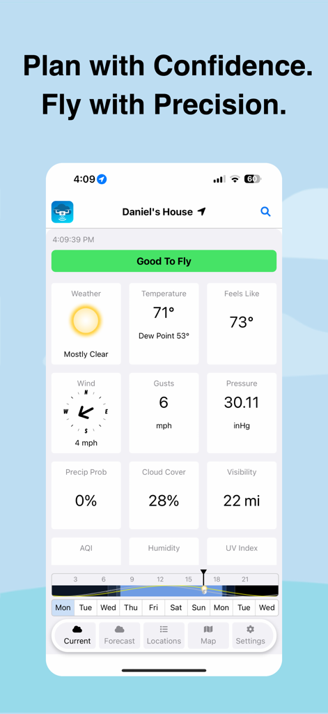 Mobile app dashboard for UAV pilots showing weather conditions including wind speed visibility and flight safety status