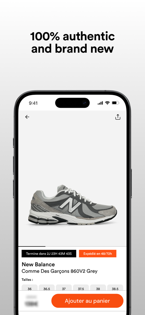 Sneakmart app product page showing authentic New Balance Comme Des Garcons sneakers