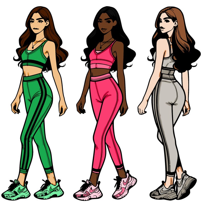 skinny girl with lulu lemon leggings on and a crop top and nike shoes and long hair