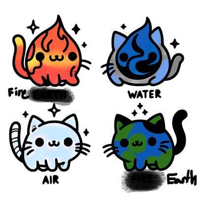 4 cats that represent the different elements, earth, water, air, and fire