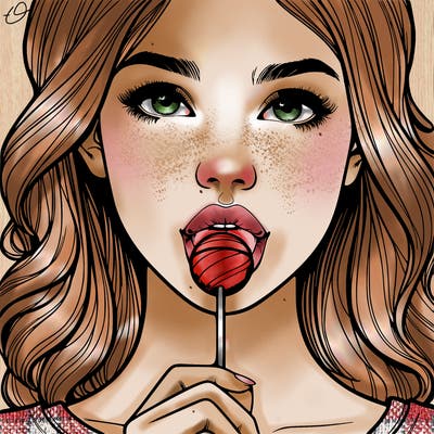 a realistic girl with a lollipop in her mouth