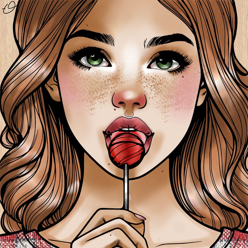 a realistic girl with a lollipop in her mouth