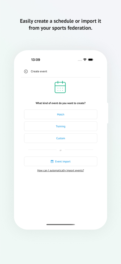 Teamy App-Oberfläche zum Erstellen von Teamspielen, Trainingseinheiten oder zum Importieren von Sportplänen.