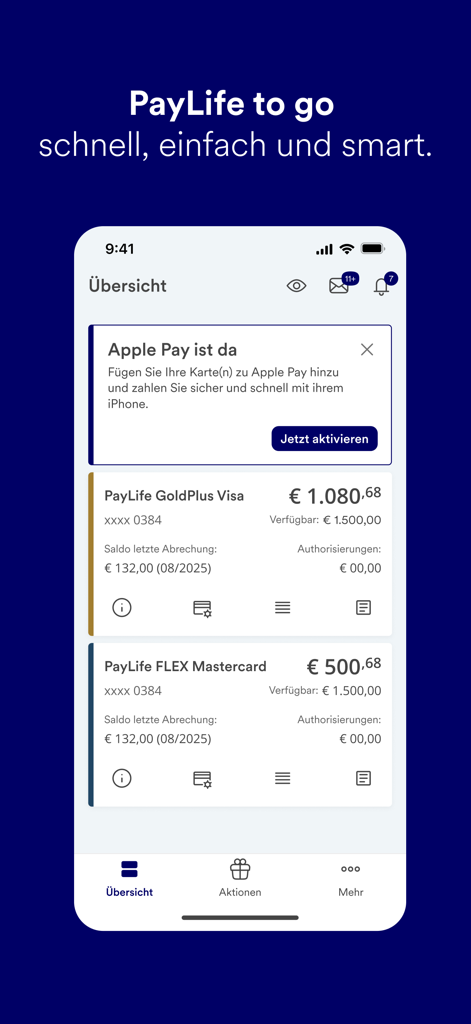 PayLife mobile app dashboard showing credit card balances and Apple Pay integration