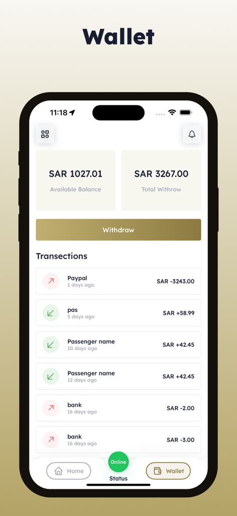 Msar Captain | كابتن مسار - Msar Captain driver app wallet screen showing balance and transaction history