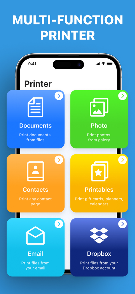 Printer App: Smart Print - Interface of the Printer App showing printing options for documents photos contacts and cloud services