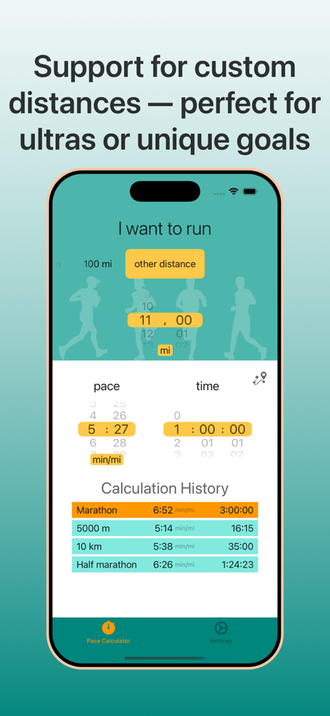 I Want to Run: Race Pace Calc - I Want to Run app interface showing custom distance entry and previous calculation history for races like marathons.