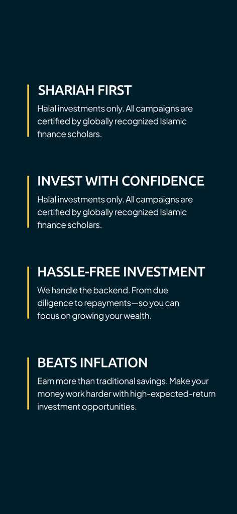 biniyog.io - List of key app features including Shariah compliant and hassle free investment options