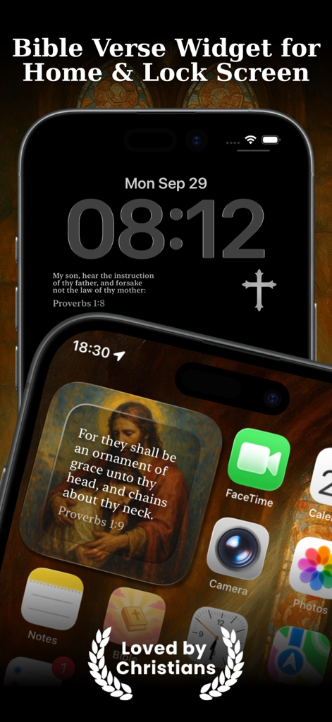 Bible Widget Verse of the Day - iPhone showing Bible verse widgets on both the home and lock screen with aesthetic religious backgrounds