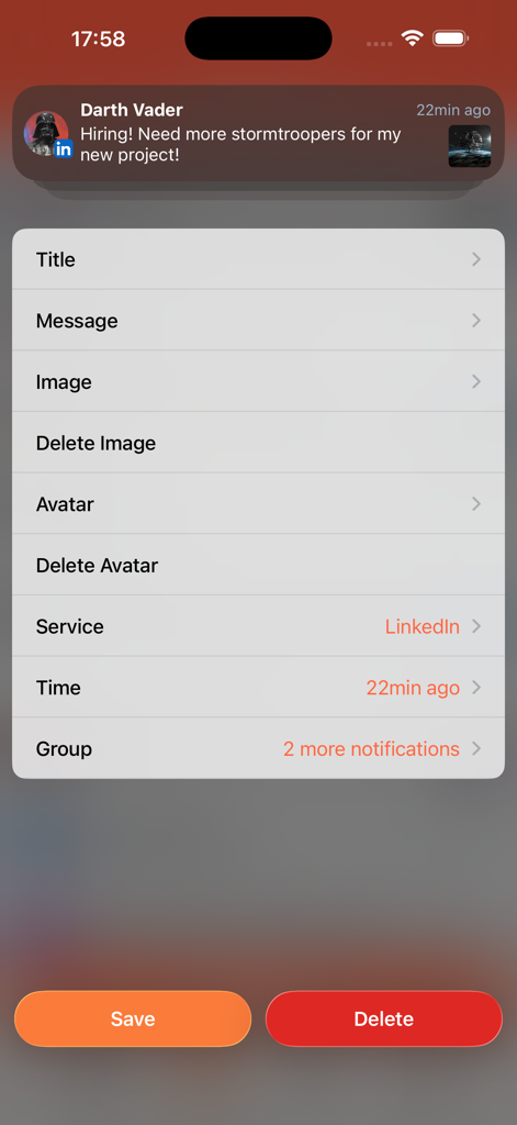 Faker - Fake Notifications - Interface of the Faker app showing customization options for a fake LinkedIn notification from Darth Vader.