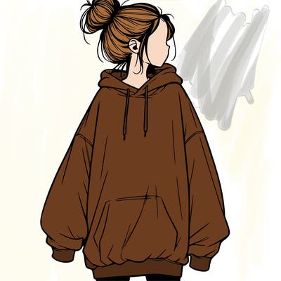 realistic girl with a oversized sweatshirt on and a bun