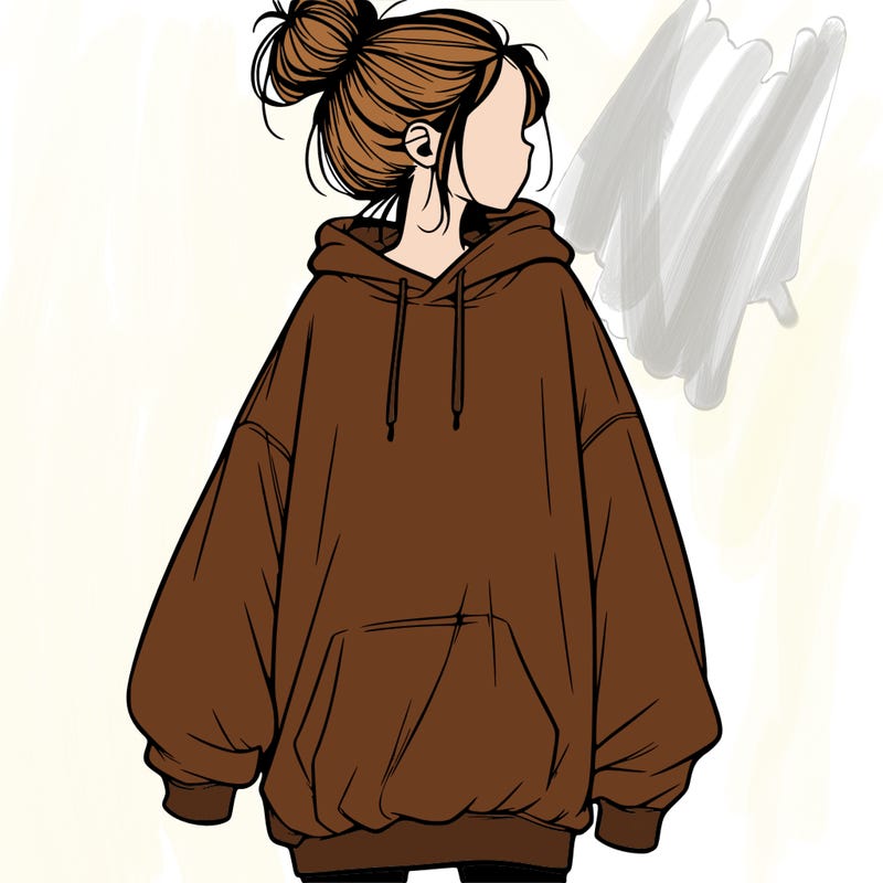 realistic girl with a oversized sweatshirt on and a bun