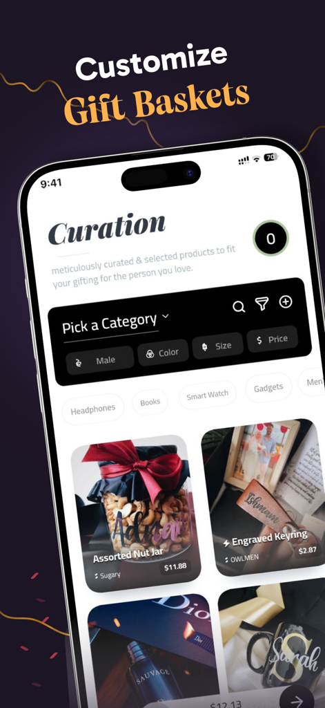 アソートナッツジャーや刻印入りキーリングなどのパーソナライズされたギフトのキュレーションを示すSugaryアプリ画面