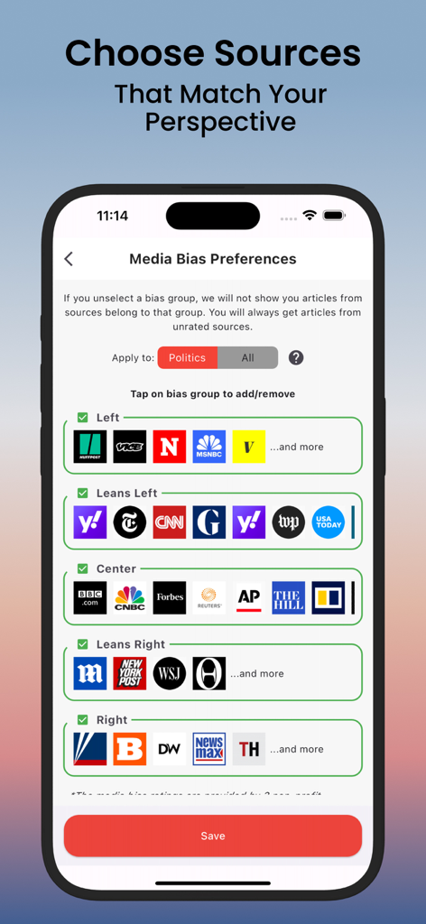 Pantalla de móvil que muestra las preferencias de sesgo mediático con fuentes de noticias categorizadas por inclinaciones políticas de Izquierda a Derecha