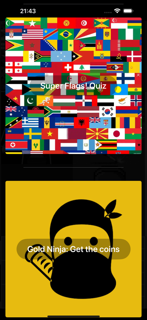 20 Mini Games: Watch & Phone - Menu screen showing Super Flags Quiz and Gold Ninja game options