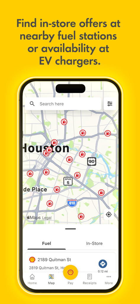 Shell: Fuel, Charge & More - Map view in the Shell app displaying nearby fuel stations and EV chargers