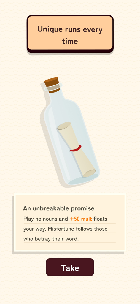 Wordlike - Word Roguelike - A unique game event in Wordlike featuring a message in a bottle challenge that offers a score multiplier.