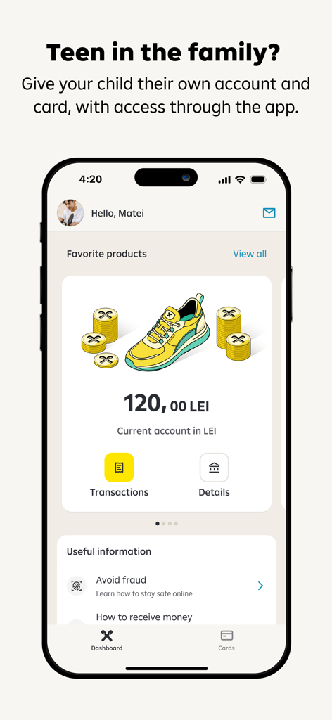 Raiffeisen Smart Mobileアプリのティーンアカウントダッシュボード画面