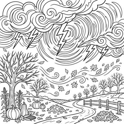 Witness the breathtaking power of nature with this dramatic autumn coloring page, featuring echoing thunder and swirling storm clouds. Dive into a scene rich with falling leaves, harvest elements, and the captivating beauty of a blustery fall day.