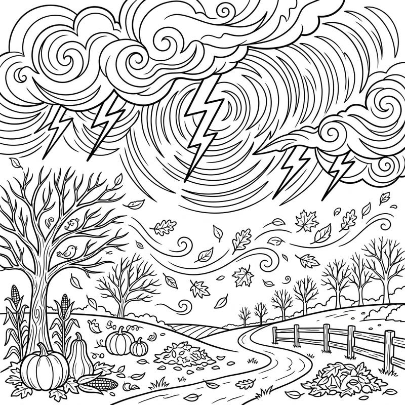 Witness the breathtaking power of nature with this dramatic autumn coloring page, featuring echoing thunder and swirling storm clouds. Dive into a scene rich with falling leaves, harvest elements, and the captivating beauty of a blustery fall day.