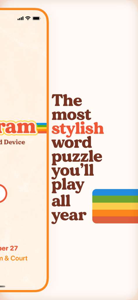 Retrogram - Retrogram app screen with 1970s style typography and a colorful striped graphic describing it as a stylish word puzzle