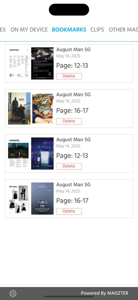 August Man SG - 저장된 잡지 페이지 및 기사 목록을 보여주는 August Man SG 앱의 북마크 섹션 스크린샷