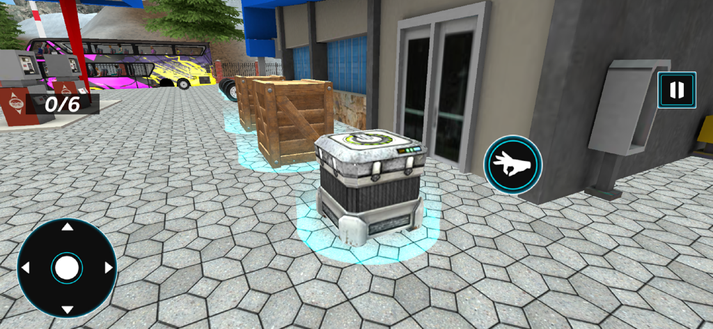 Gameplay screenshot showing a worker character near cargo crates and a bus at a station in Rural Forge Labour Works
