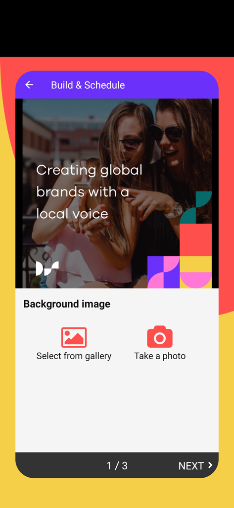 Digital Stack app interface for selecting a background image to create and schedule a post.