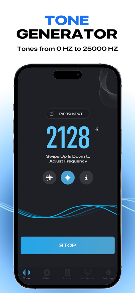 Sonic Pitch Sound Generator - Sonic Pitch App-Oberfläche, die den Frequenzgenerator bei 2128 Hz mit Wellenvisualisierung und Einstellungsreglern anzeigt.