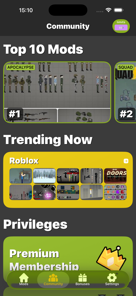 Ragdoll Mods 앱의 커뮤니티 섹션으로, melon sandbox용 최고 순위의 아포칼립스 스킨과 인기 있는 로블록스 테마 콘텐츠를 보여줍니다.