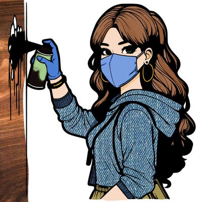realistic girl with mask spray painting a wall