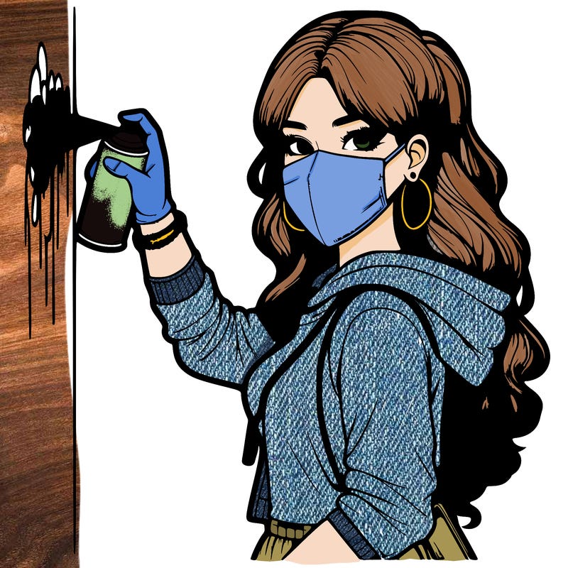 realistic girl with mask spray painting a wall