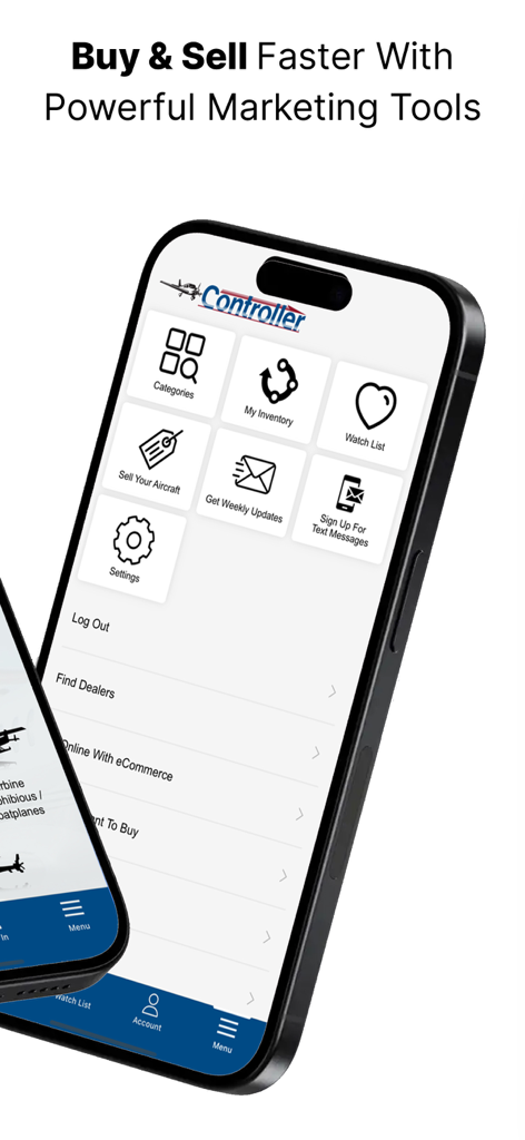 Controller: Aircraft for Sale - Interface do aplicativo móvel Controller Aircraft for Sale mostrando ferramentas de compra e venda
