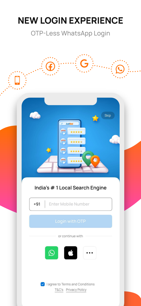 JD - The Best Local Search App - Pantalla de inicio de sesión de la aplicación Justdial con inicio de sesión sin OTP a través de WhatsApp y autenticación de número de móvil