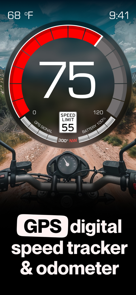 Digital GPS speedometer and odometer display on a motorcycle dashboard showing speed and speed limits.