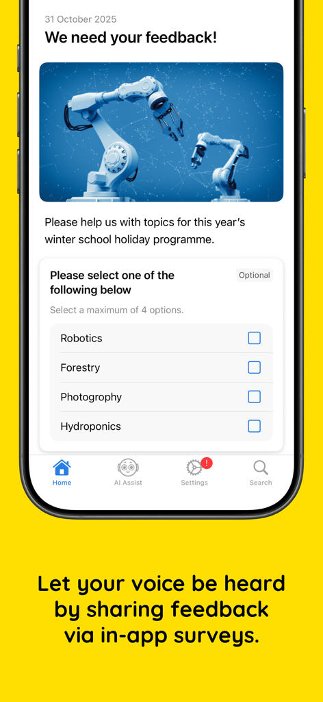 d6 School Communicator - Mobile app screen of d6 School Communicator showing an in-app survey for parents to provide feedback on school programs