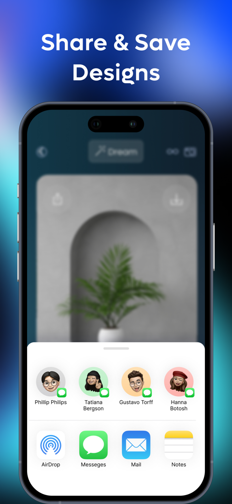 MyRoom AI - Interior Design - Interface of MyRoom AI app showing the share and save design feature with iOS share options