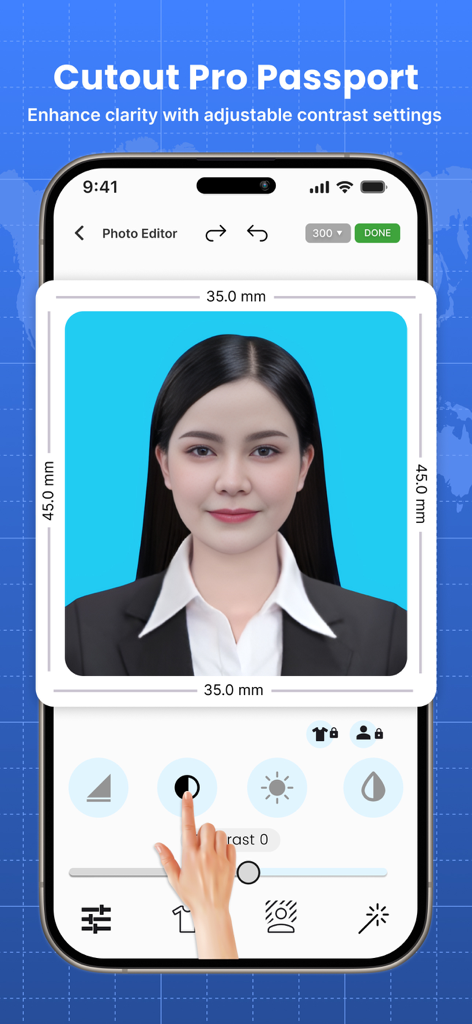 A mobile interface of the Cutout Pro Passport app showing adjustable contrast settings for a professional ID photo