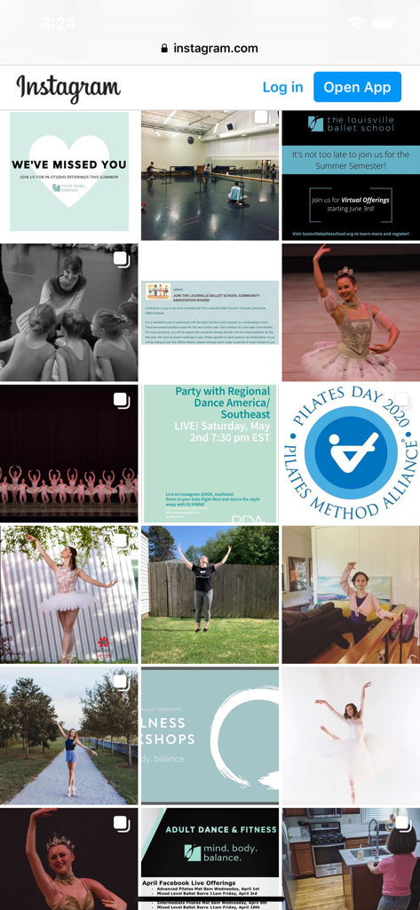 Louisville Ballet School - Captura de pantalla del feed de Instagram de la Escuela de Ballet de Louisville mostrando actualizaciones de la comunidad y actuaciones de danza.