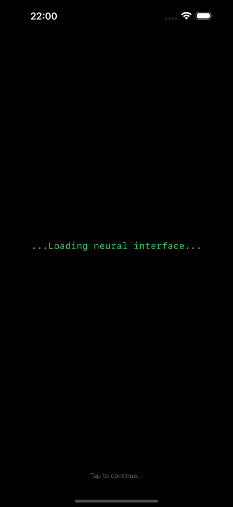 Loading neural interface screen with green terminal style text on a black background