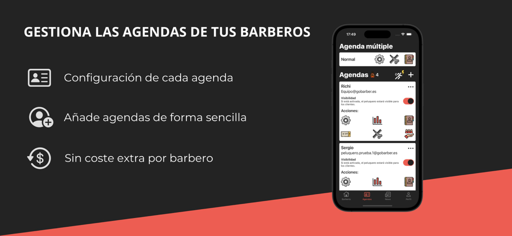 Interface of GoBarber Pro app for managing multiple barber schedules with no extra cost per professional